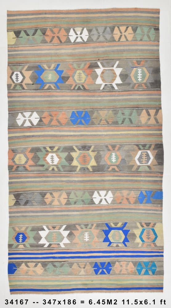Kilim 186x347 cm, Blue, Grey, Wool, 1970s - 215410