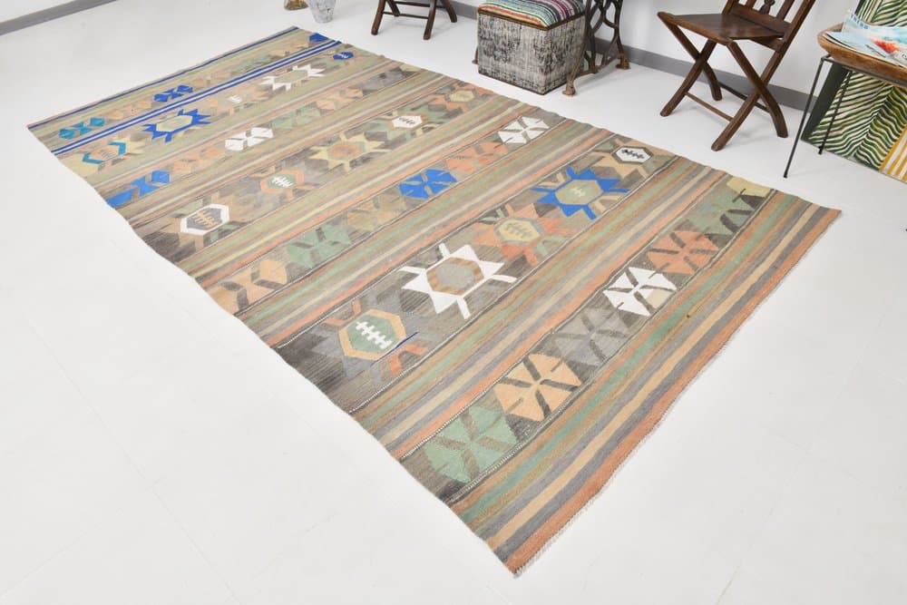 Kilim 186x347 cm, Blue, Grey, Wool, 1970s - 215411