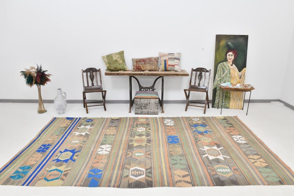 Kilim 186x347 cm, Blue, Grey, Wool, 1970s - 215418