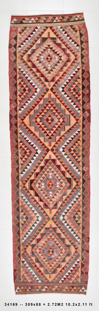 Runner Rug 309x88 cm, red, beige, wool, Turkey, 1970s. - 215397
