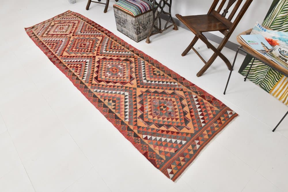 Runner Rug 309x88 cm, red, beige, wool, Turkey, 1970s. - 215398