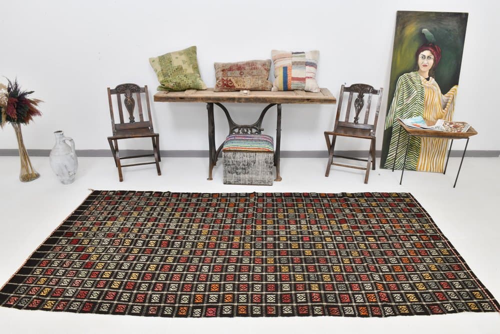 Kilim 140x290 cm, black, red, wool, 1970s - 215389