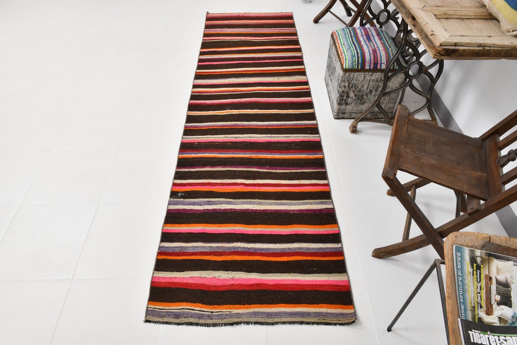 Kilim Runner 283x80 cm, brown, beige, wool, Turkey, 1970s. - 215361