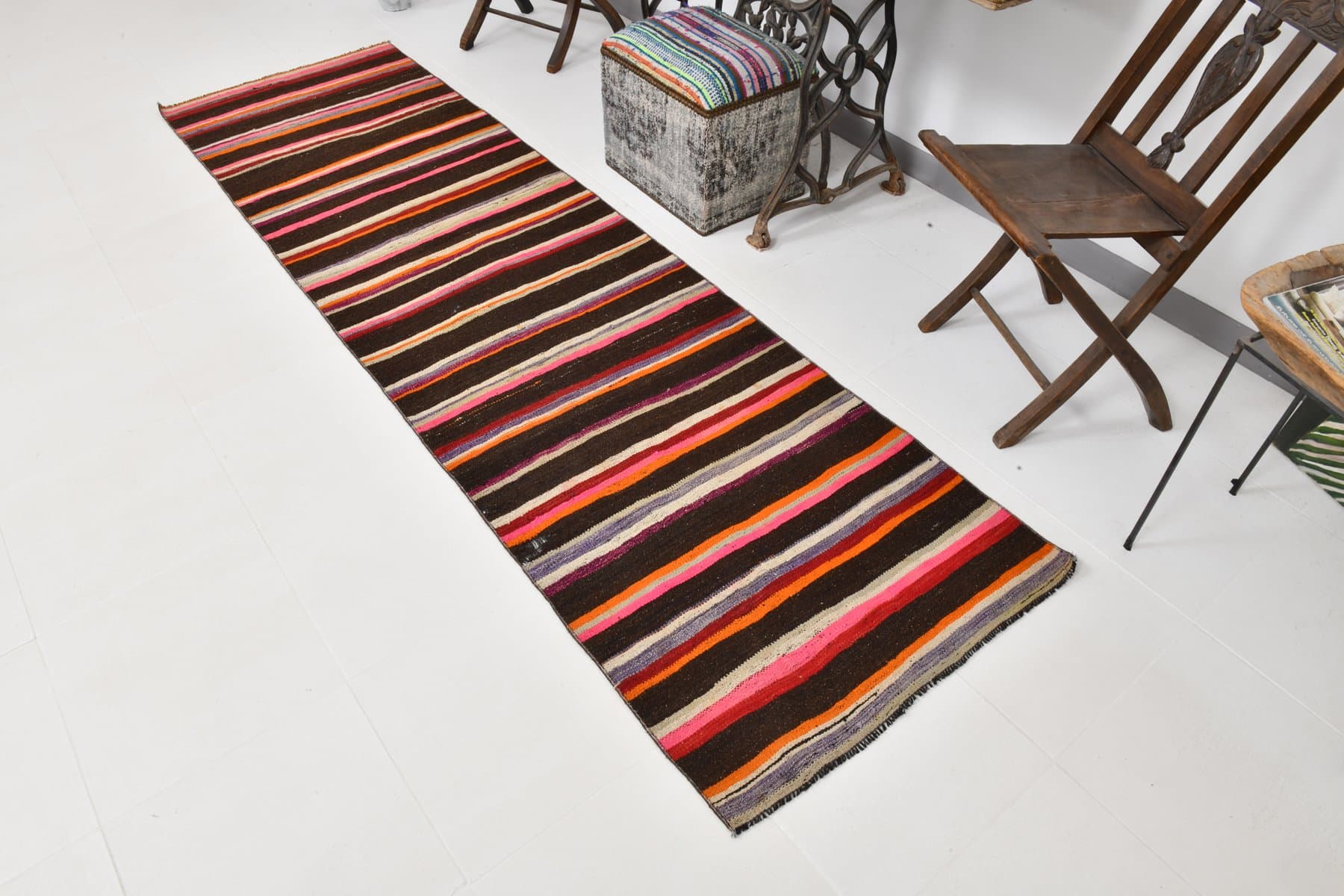 Kilim Runner 283x80 cm, brown, beige, wool, Turkey, 1970s. - 215362