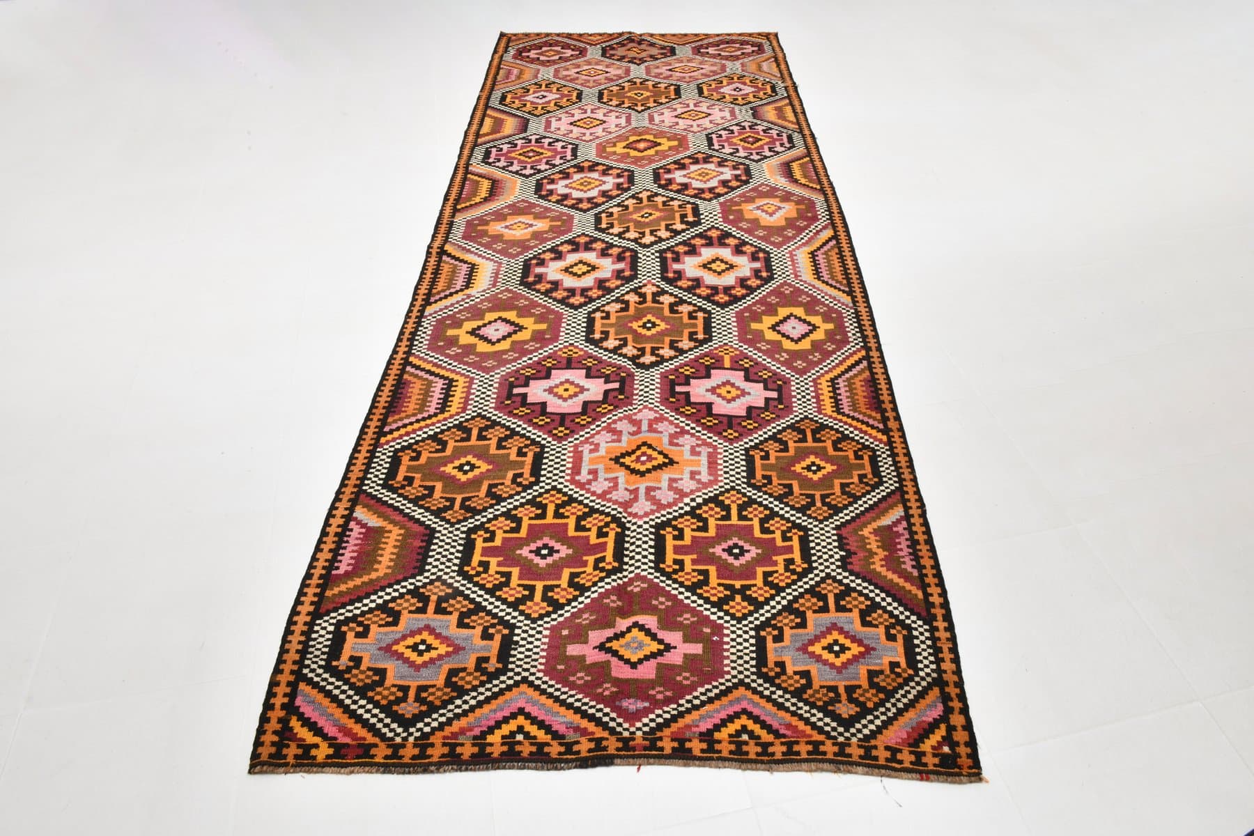 Kilim Rug 126x335 cm, beige, black, wool, Turkey, 1960s. - 215319
