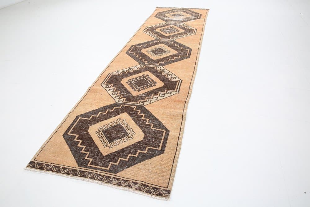 Runner Rug 345x94 cm, brown, coral, wool, Turkey, 1960s - 219384