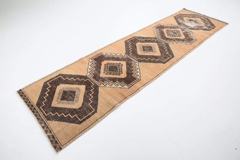 Runner Rug 345x94 cm, brown, coral, wool, Turkey, 1960s - 219383