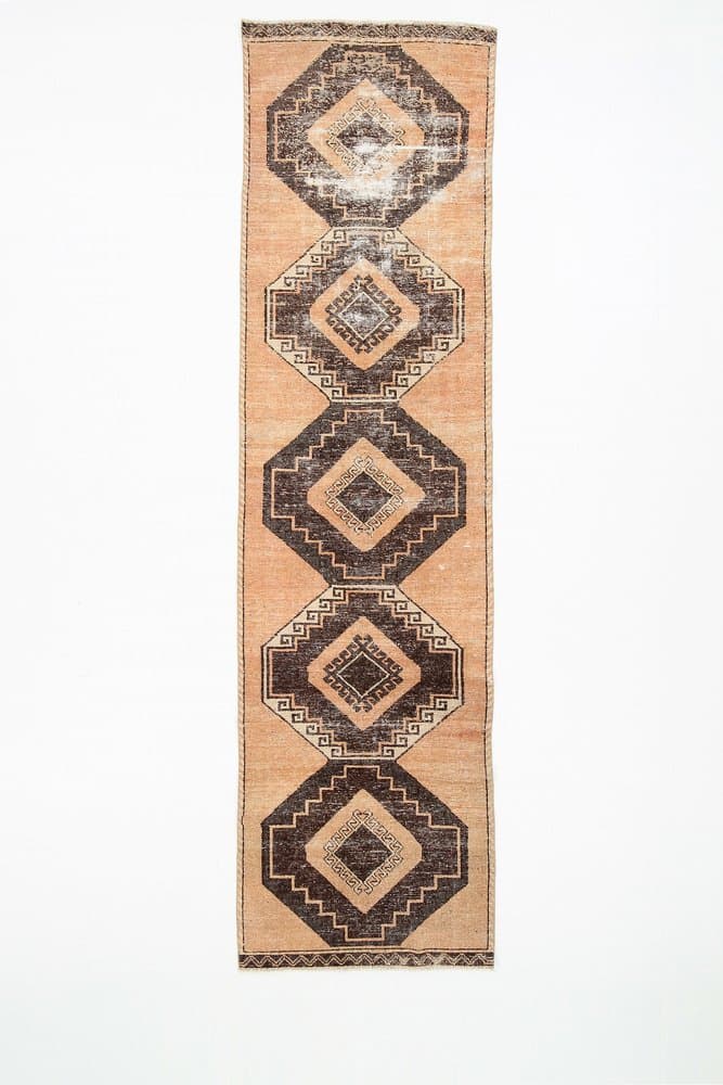 Runner Rug 345x94 cm, brown, coral, wool, Turkey, 1960s - 219381
