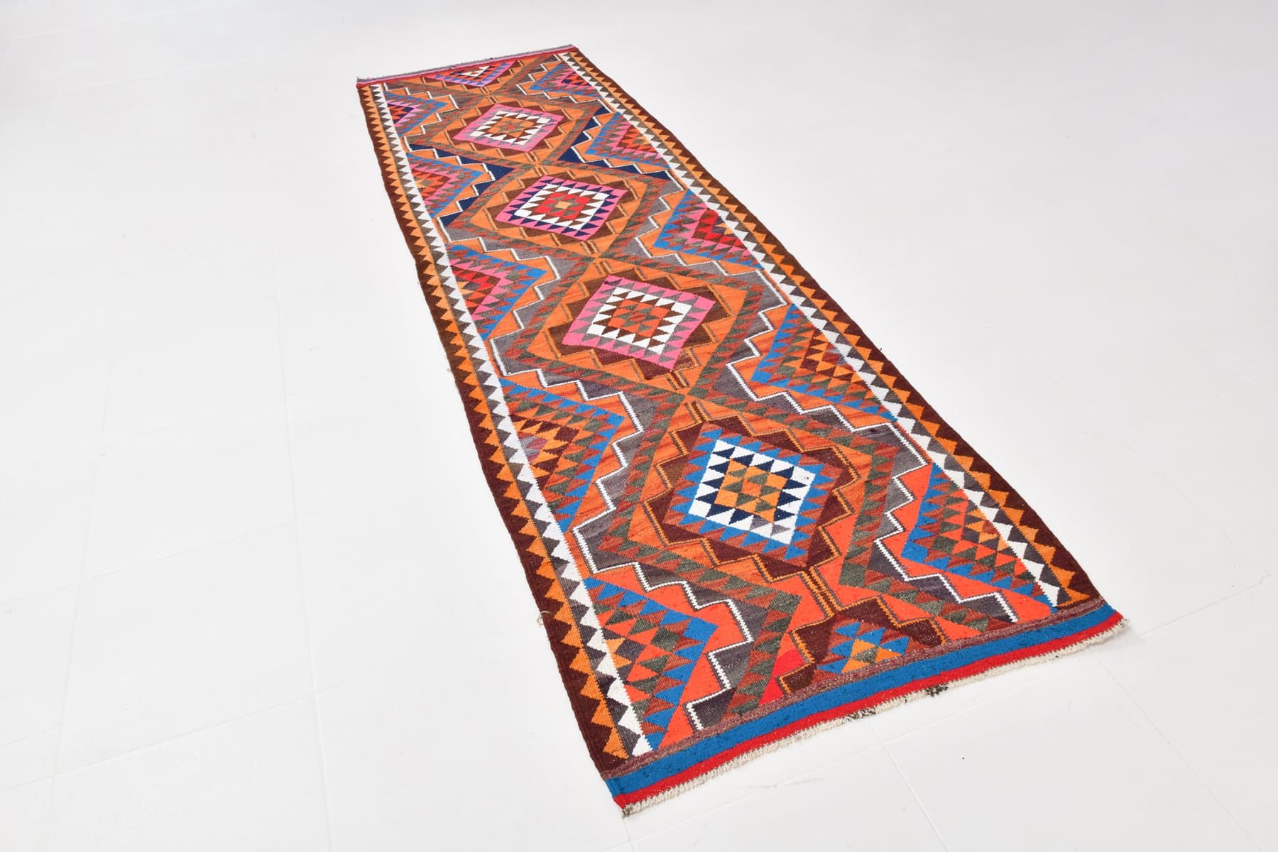 Kilim Runner 309x95 cm, brown, crimson, wool, Turkey, 1960s. - 219357