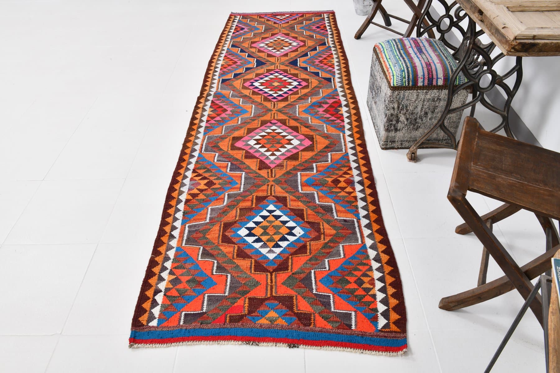Kilim Runner 309x95 cm, brown, crimson, wool, Turkey, 1960s. - 219358