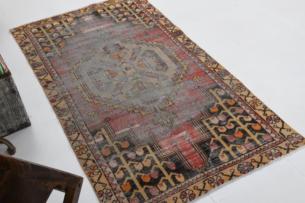 Dywan 179x100 cm, różowy, beżowy, wełna, Turcja, lata 60. - 219164