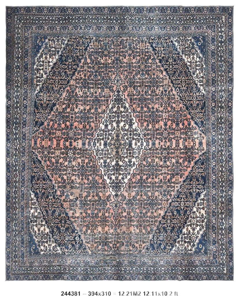Rug 394x310 cm, pink, blue, wool, Turkey, 1960s