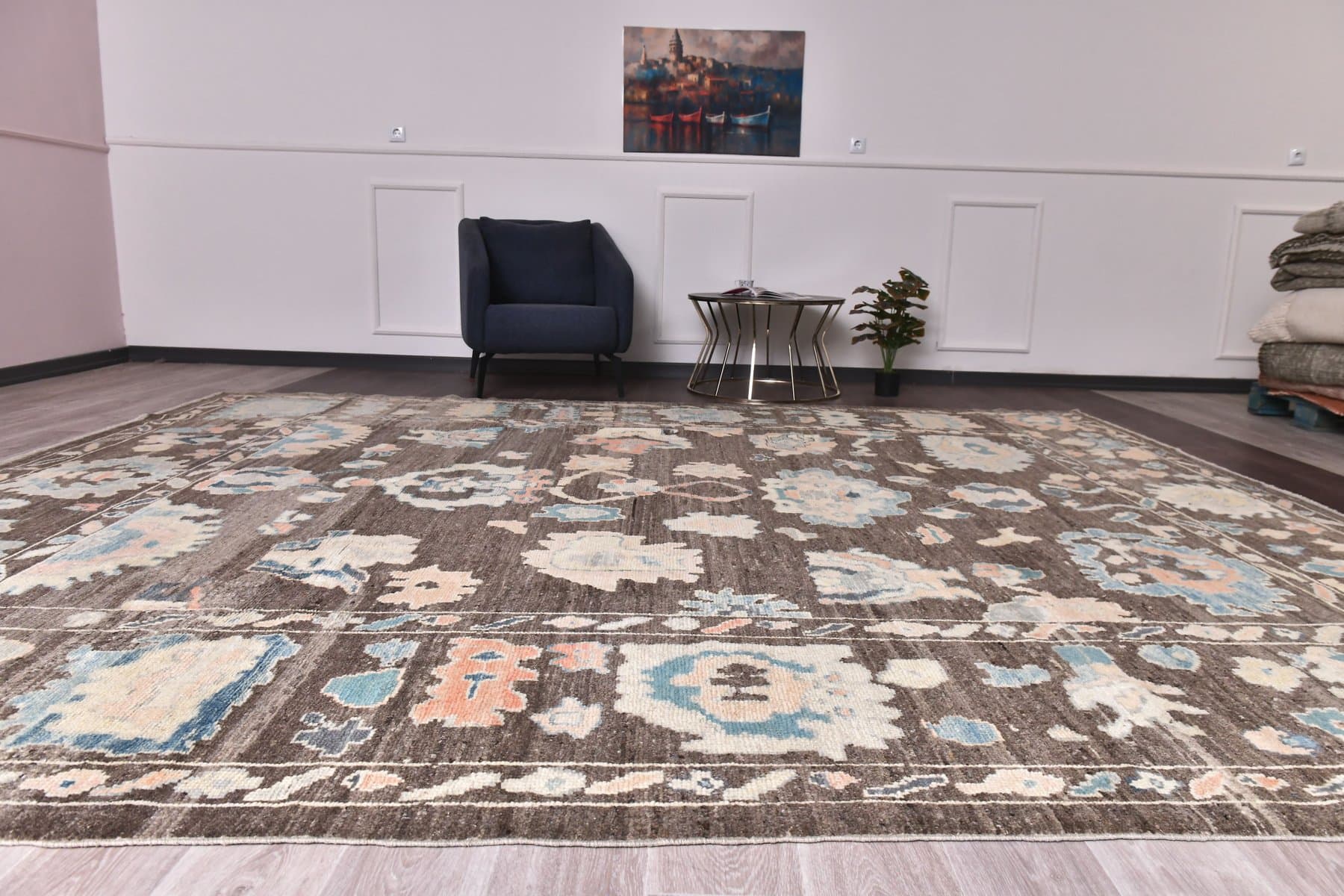 Oushak Rug 374x305 cm, brown, wool, Turkey, 1970s - 218943