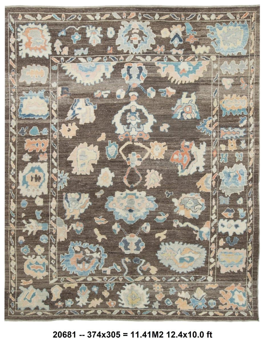 Oushak Rug 374x305 cm, brown, wool, Turkey, 1970s - 218940