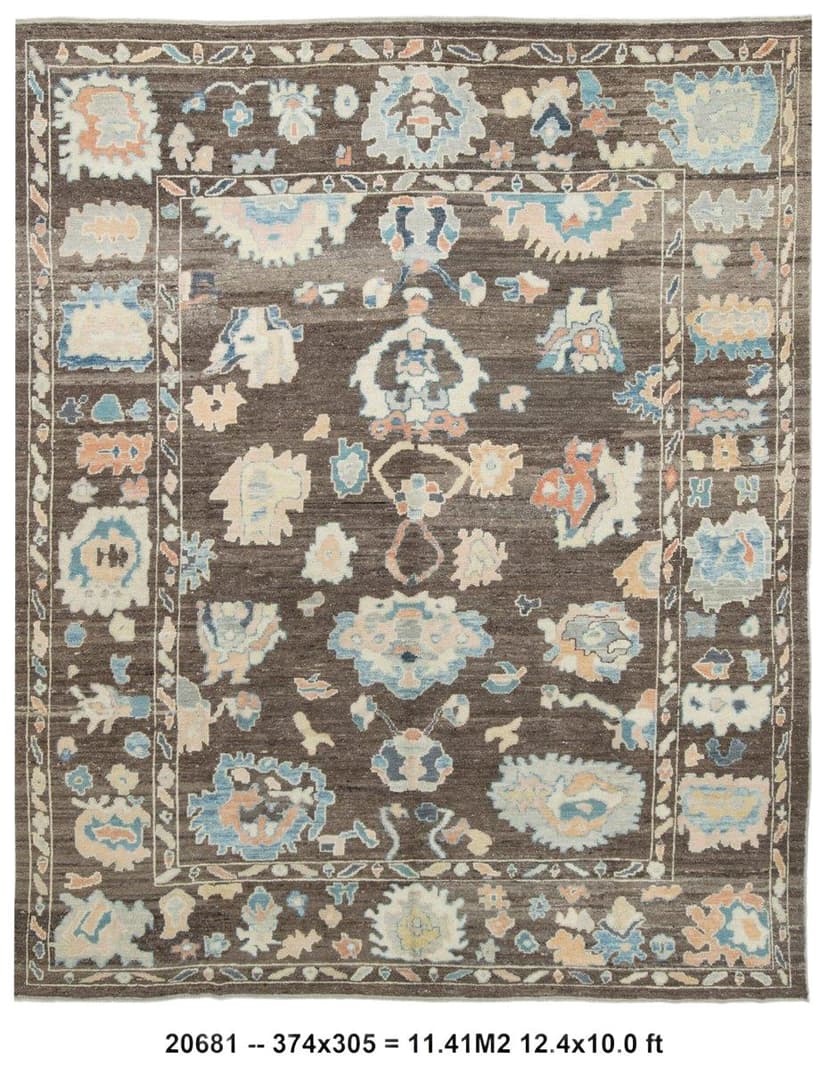 Oushak Rug 374x305 cm, brown, wool, Turkey, 1970s