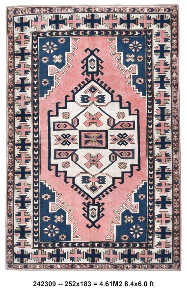 Rug 252x183 cm, blue, red, wool, Turkey, 1970s. - DIMENSION