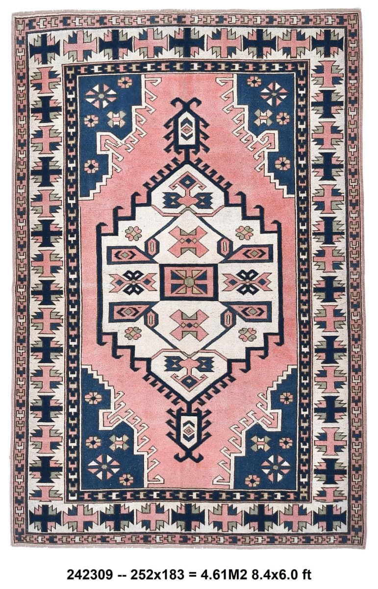 Rug 252x183 cm, blue, red, wool, Turkey, 1970s. - 218902
