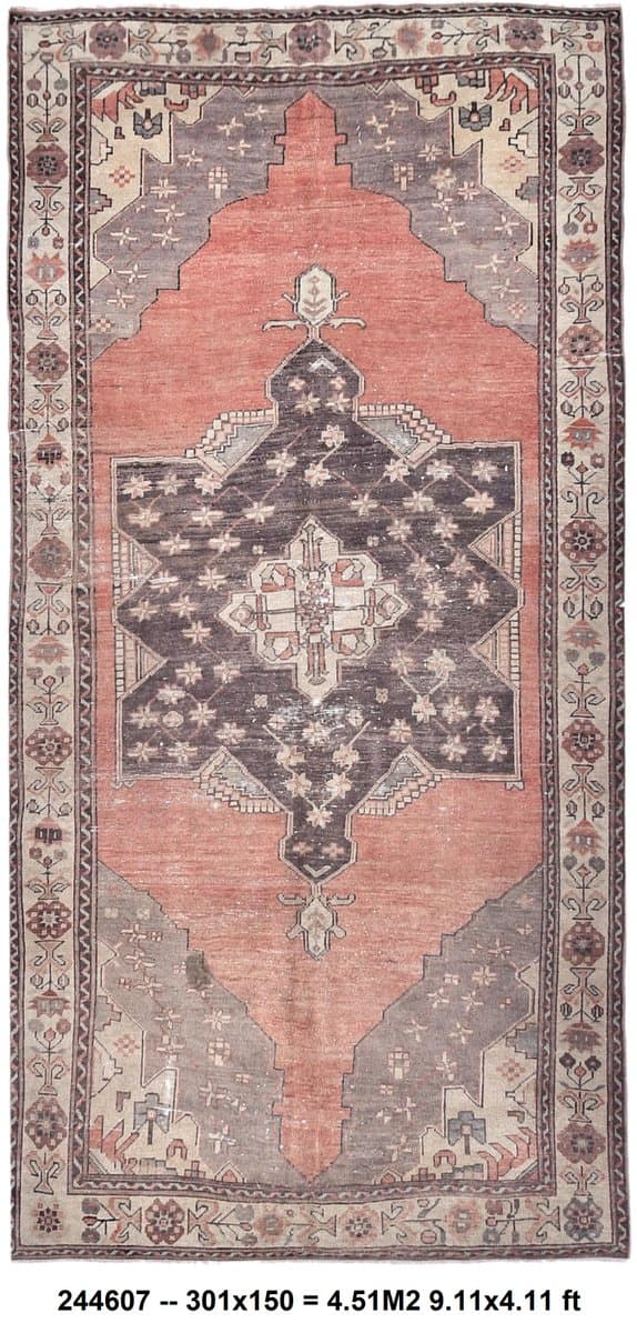 Dywan 301x150 cm, różowy, wełna, Turcja, lata 70. - 218788