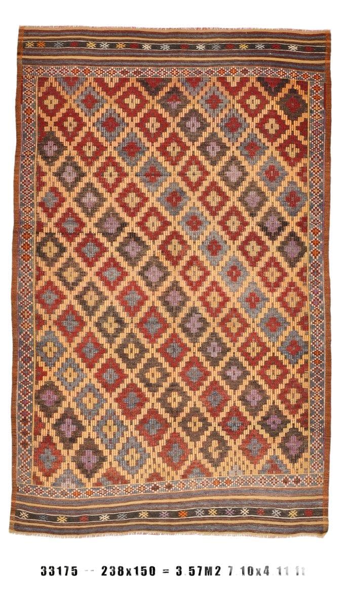 Kilim 238x150 cm, czerwony, brązowy, wełna, Turcja, lata 60.