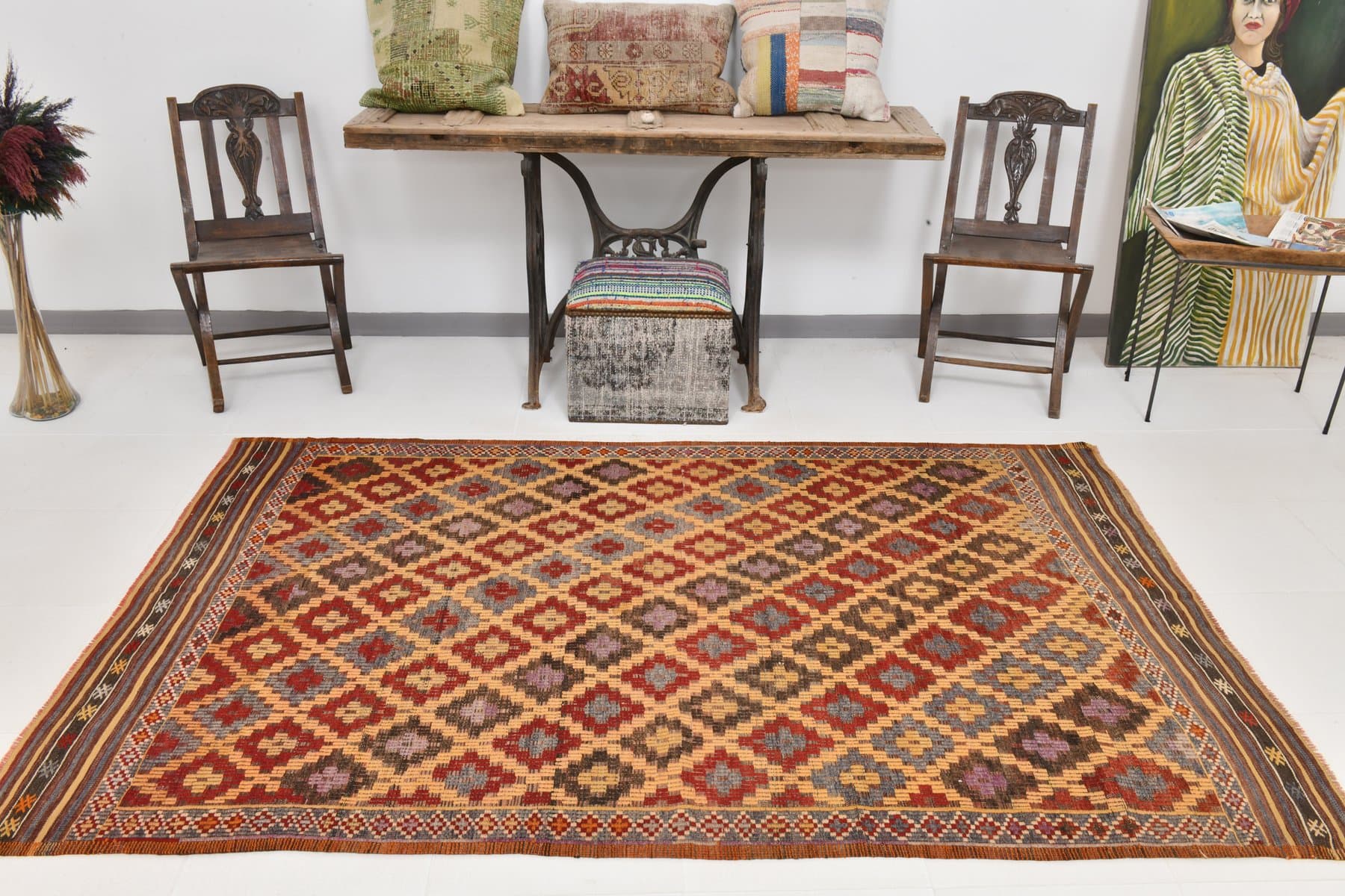Kilim 238x150 cm, czerwony, brązowy, wełna, Turcja, lata 60. - 218656
