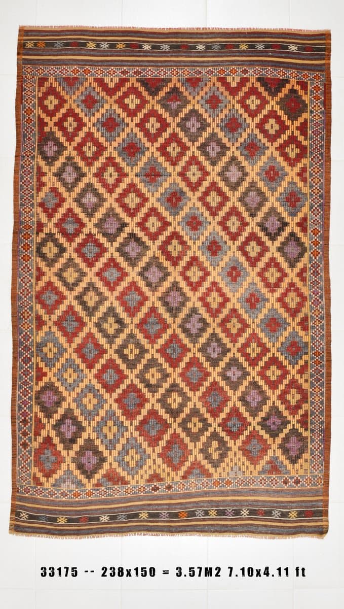 Kilim 238x150 cm, czerwony, brązowy, wełna, Turcja, lata 60. - 218652