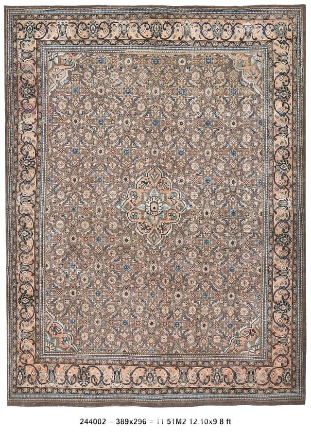 Dywan 389x296 cm, beżowy, brązowy, wełna, Turcja, lata 60. - WYMIARY