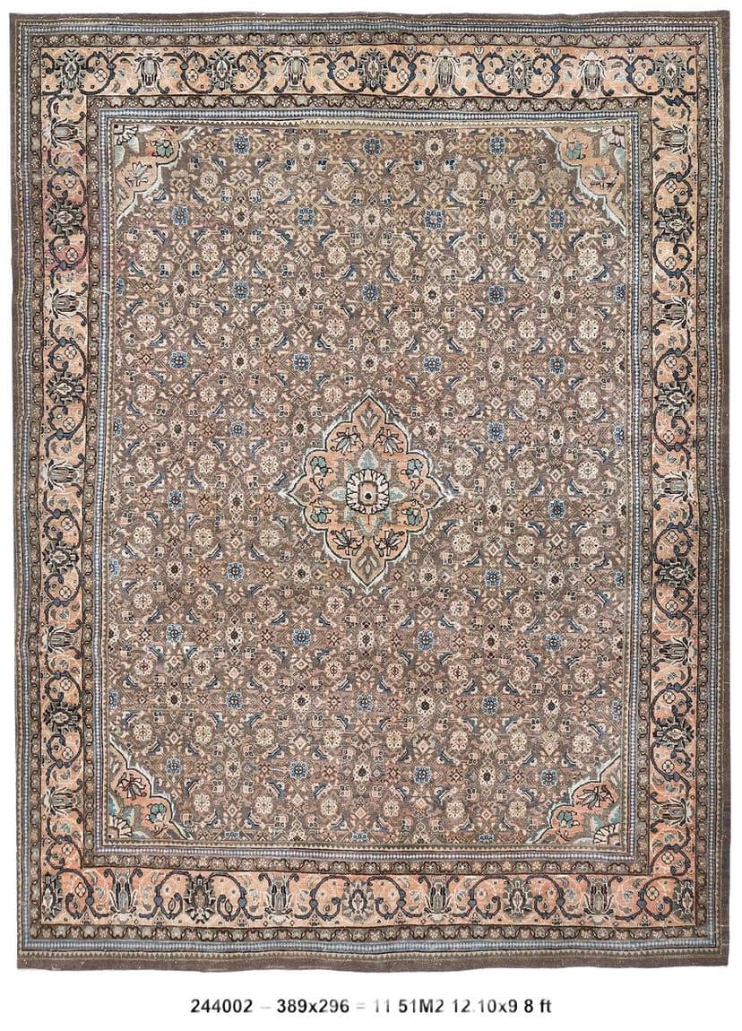 Dywan 389x296 cm, beżowy, brązowy, wełna, Turcja, lata 60.