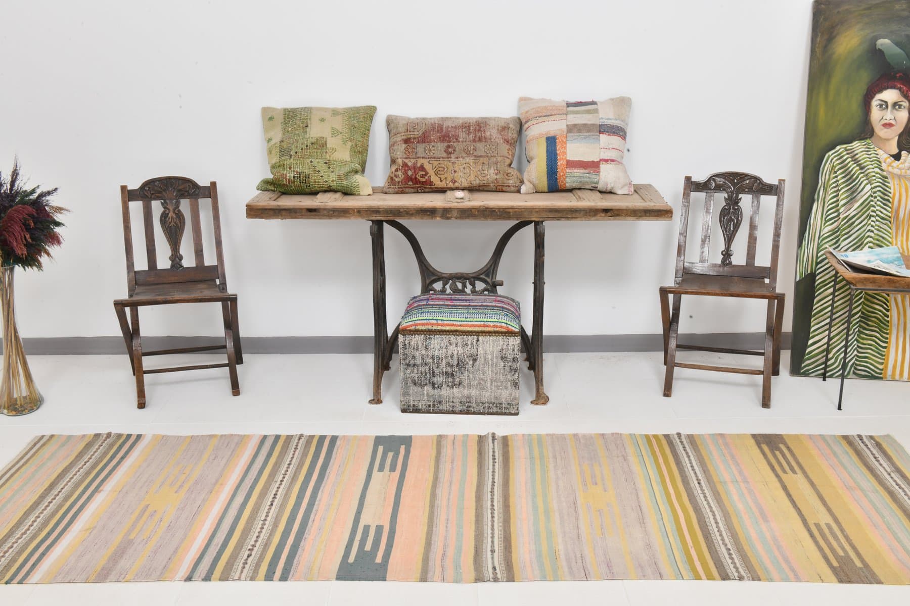 Kilim 314x92 cm, żółty, różowy, wełna, Turcja, lata 60. - 218585