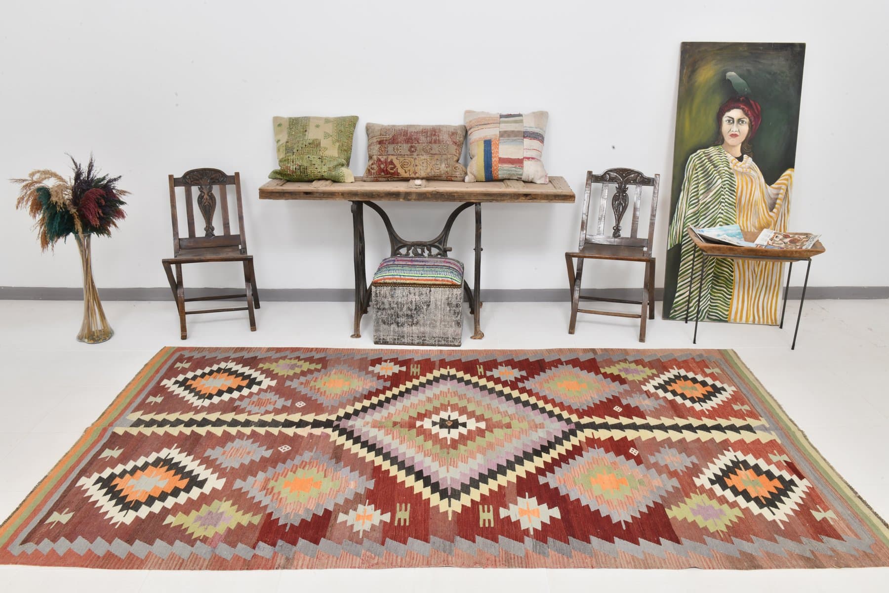 Kilim 163x295 cm, czerwony, beżowy, wełna, Turcja, lata 60. - 218571