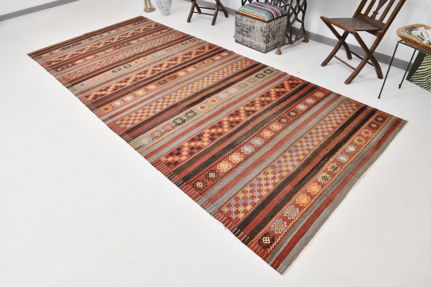 Kilim Rug 185x393 cm, red, wool, Turkey, 1960s - 218466