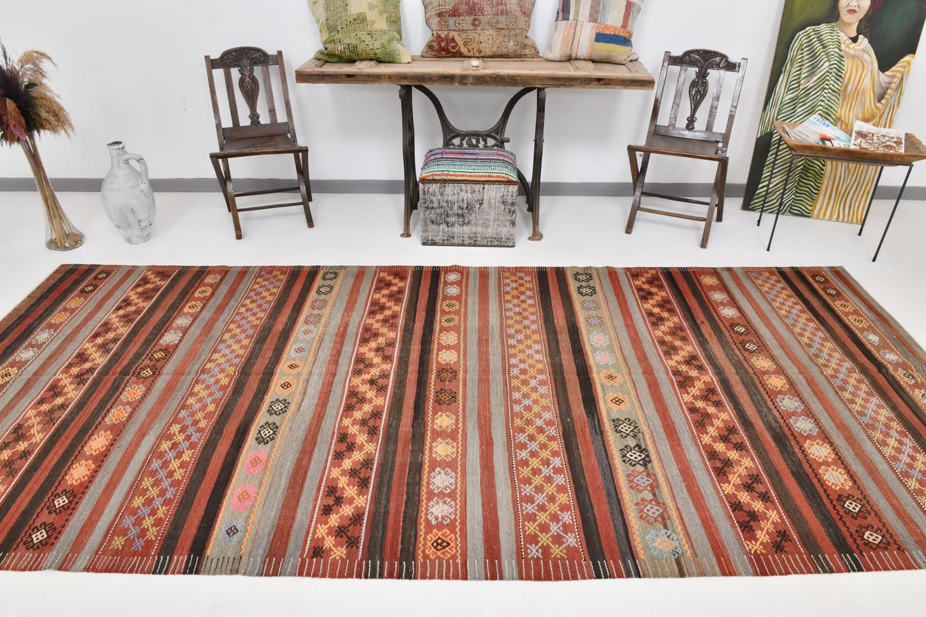 Kilim Rug 185x393 cm, red, wool, Turkey, 1960s - 218467