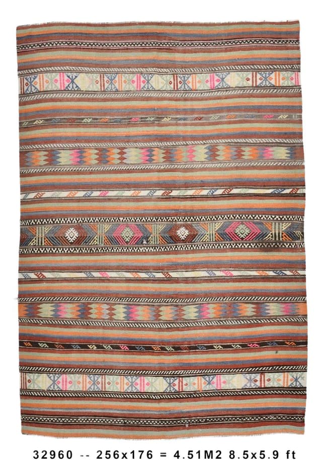Kilim 256x176 cm, maroon, wool, 1960s - DIMENSION