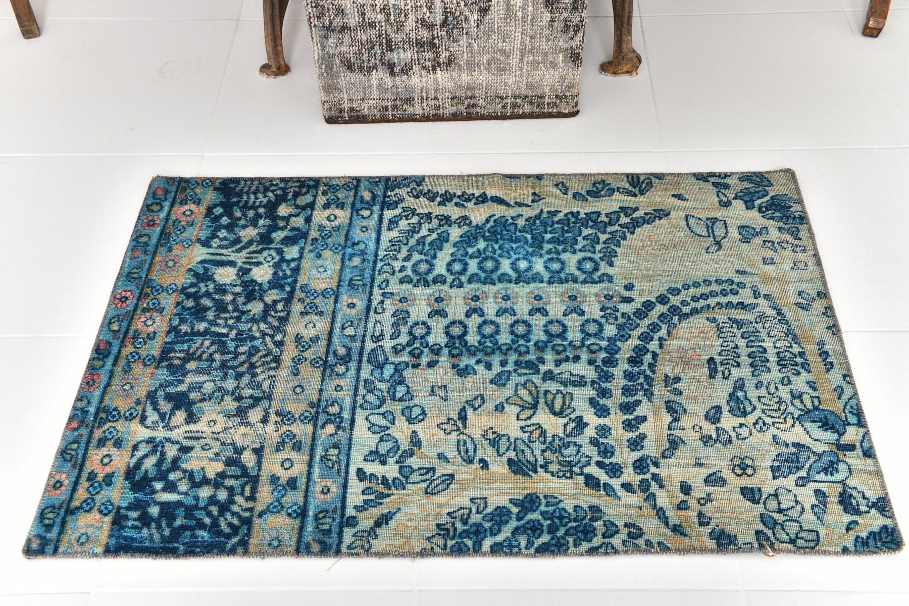 Rug 111x70 cm, blue, beige, wool, 1960s - 218445