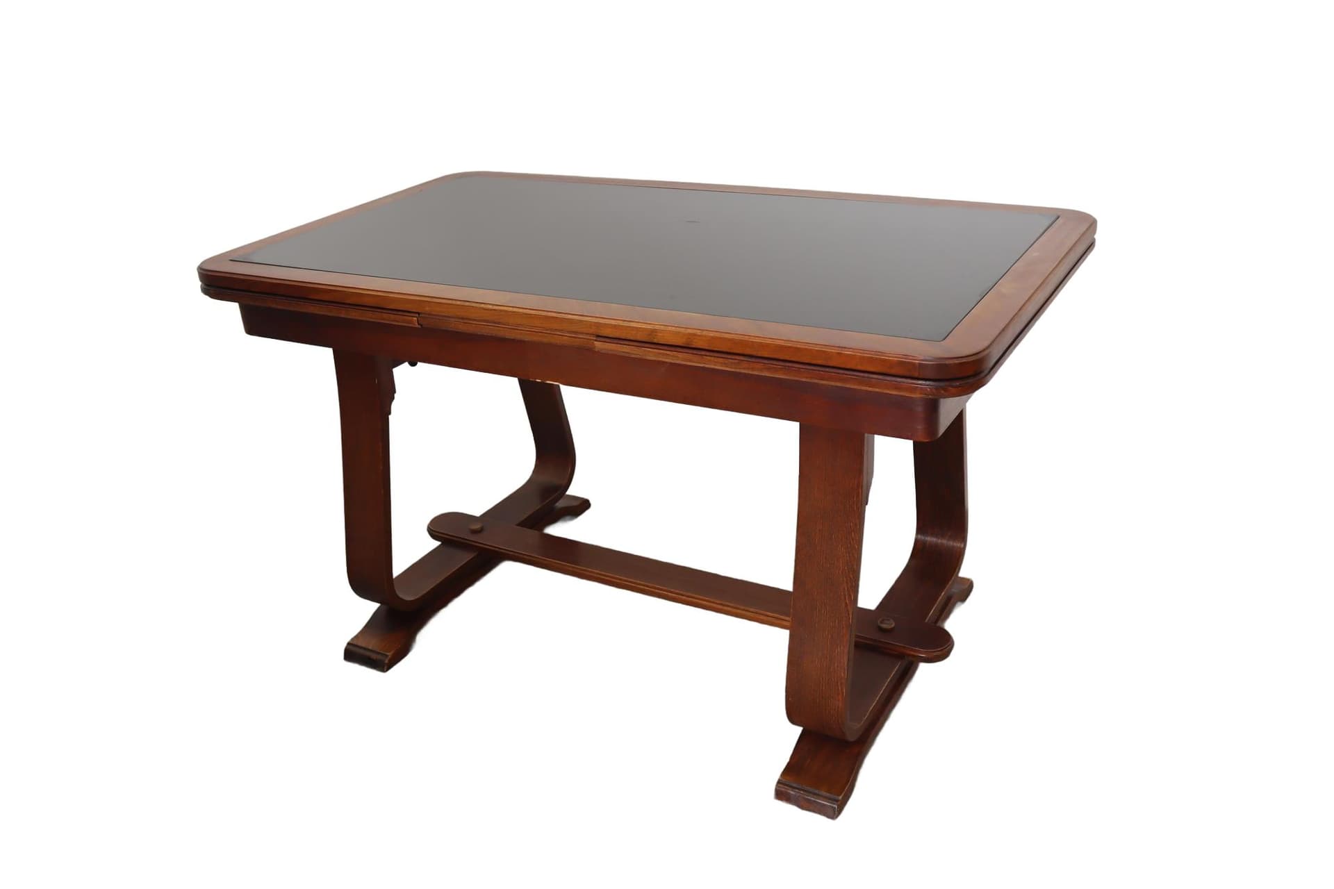 Stół rozkładany, orzech brązowy, szkło czarne, Polska, lata 50.