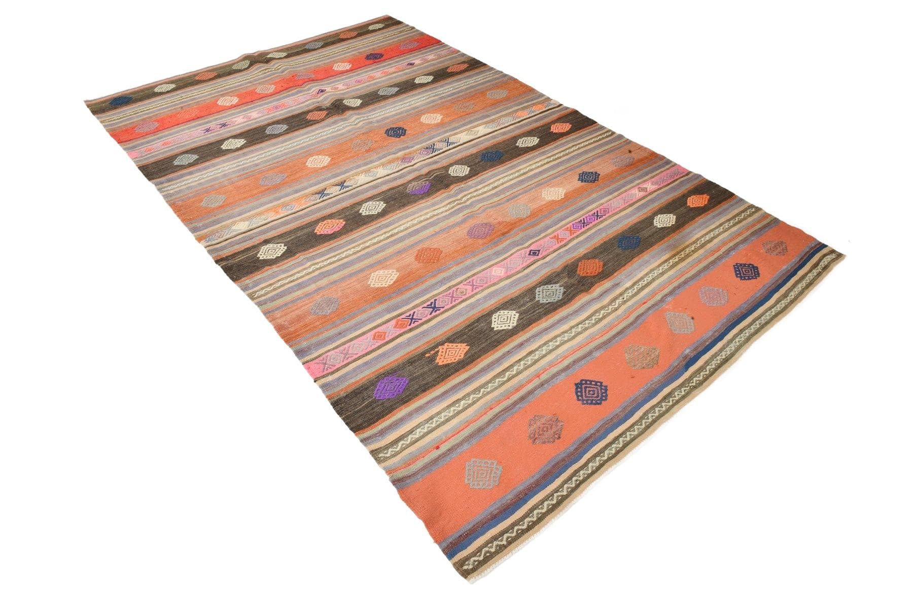 Kilim 180x290 cm, różowy, brązowy, wełna, Turcja, lata 60.