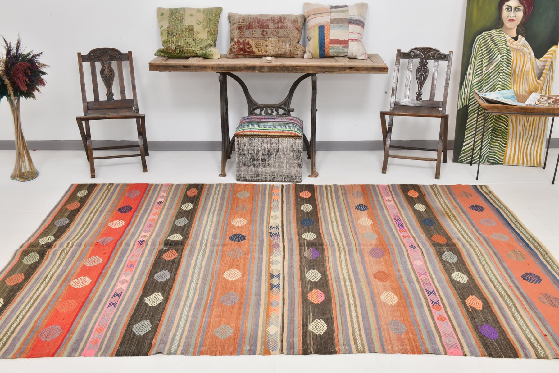 Kilim 180x290 cm, różowy, brązowy, wełna, Turcja, lata 60. - 218384