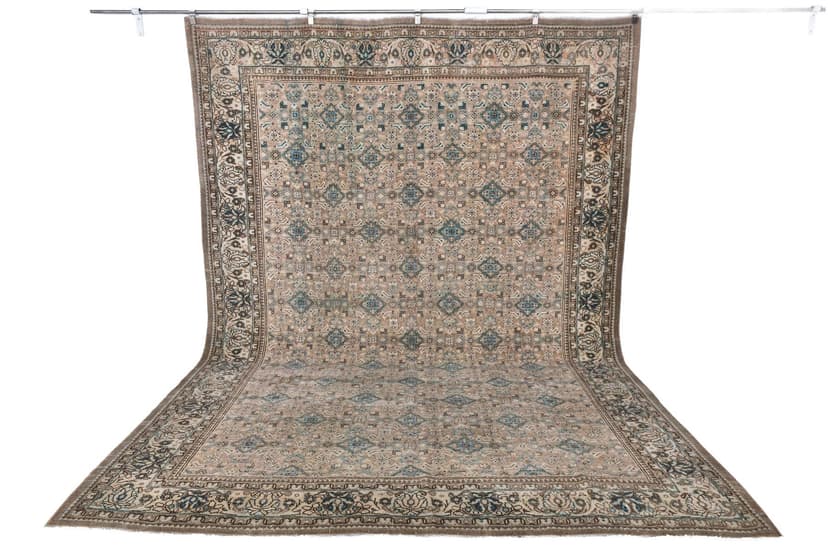 Dywan 382x278 cm, beżowy, zielony, wełna, lata 60.