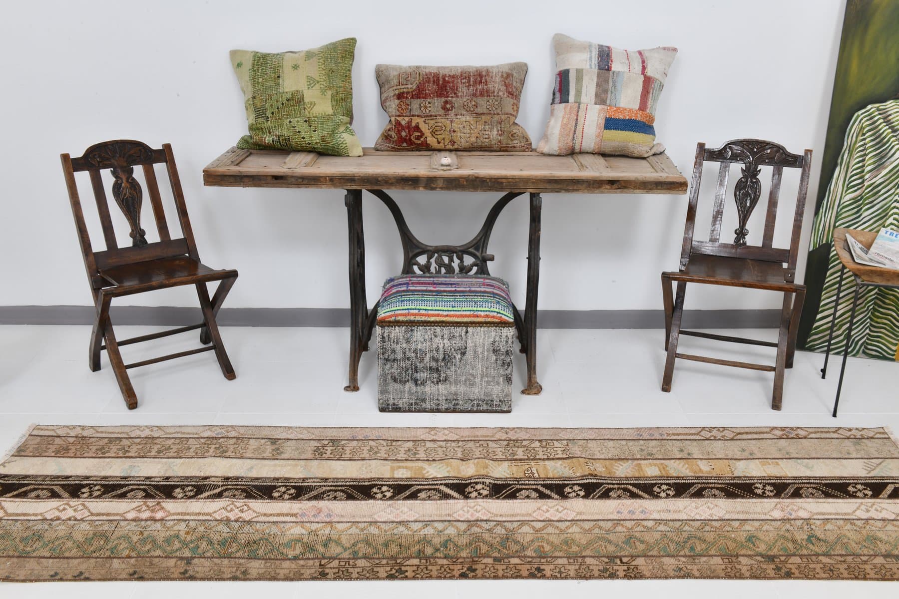 Chodnik 76x286 cm, beżowy, zielony, wełna, lata 70. - 219685