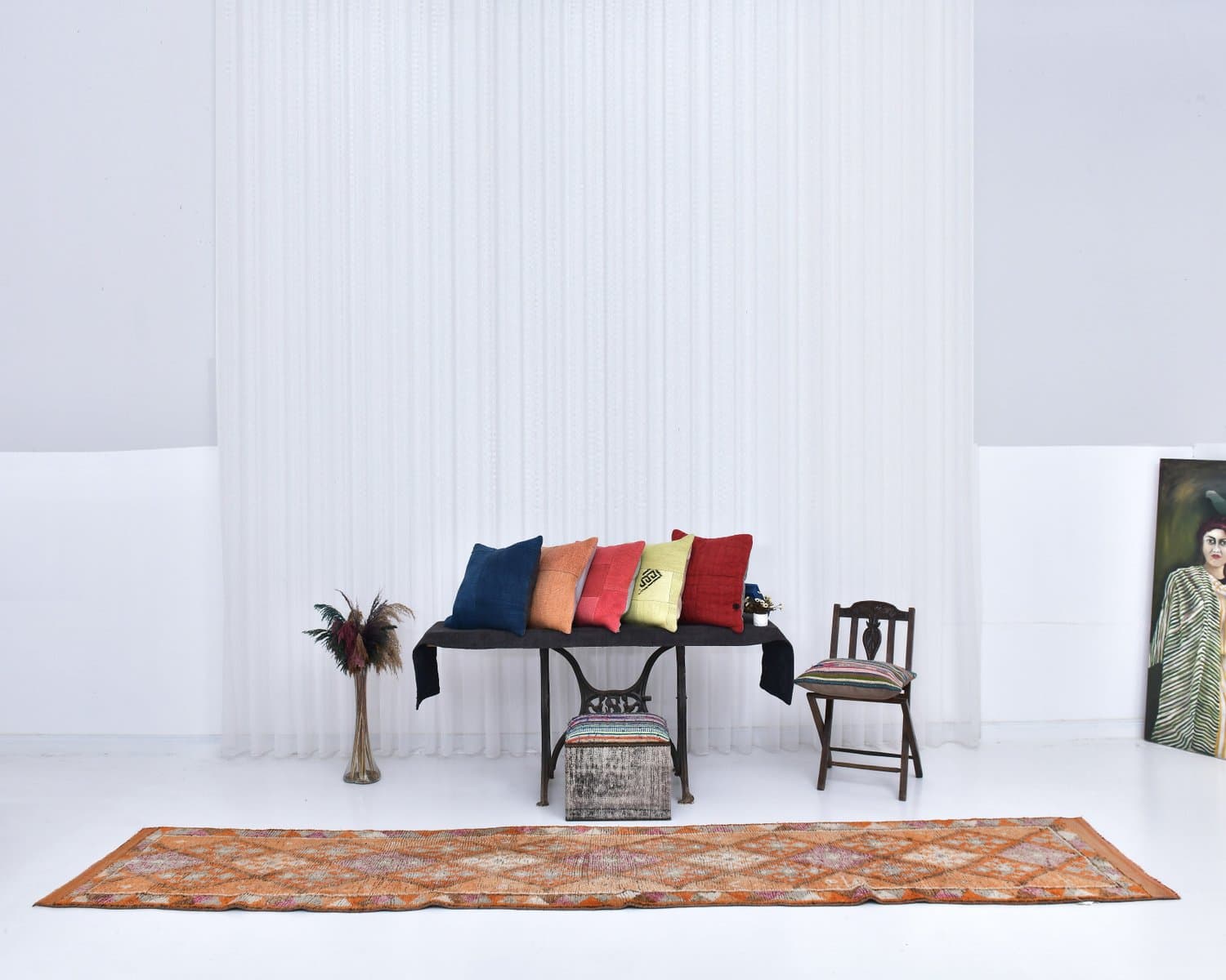 Chodnik 76x406 cm, pomarańczowy, zielony, wełna, lata 70. - 218255