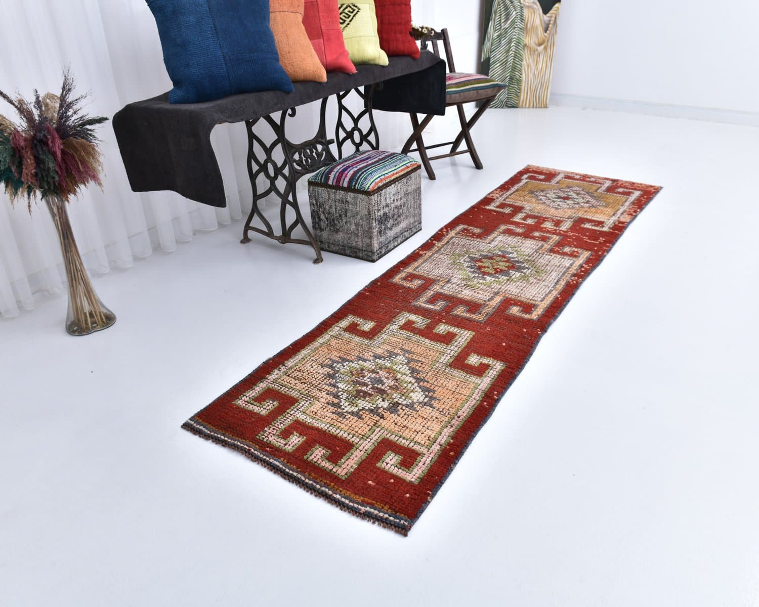 Chodnik 301x84 cm, czerwony, wełna, lata 70. - 218208