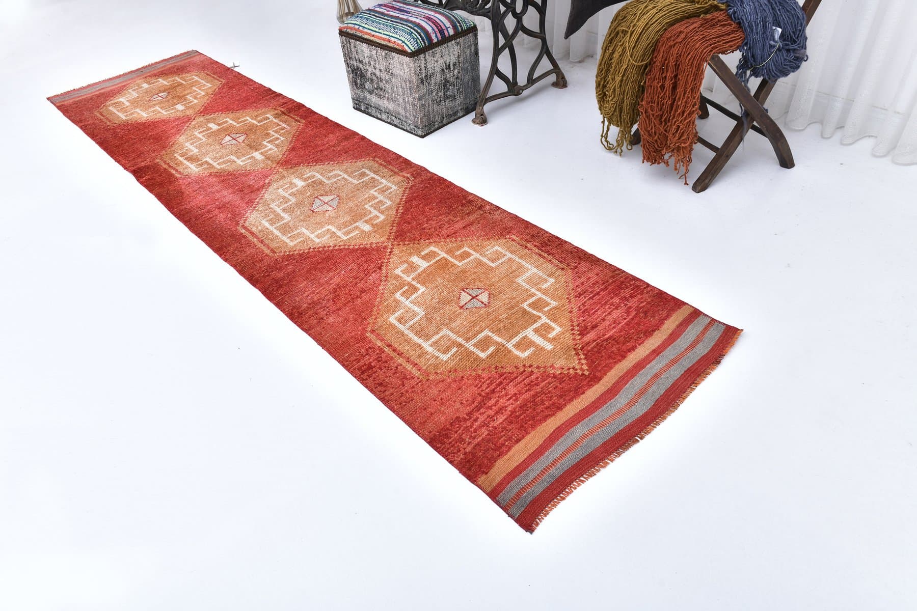 Chodnik 80x329 cm, czerwony, pomarańczowy, wełna, lata 70. - 218187