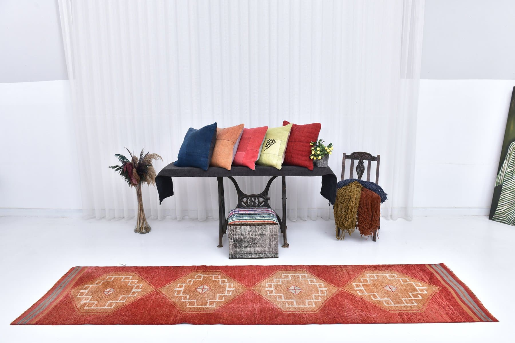 Chodnik 80x329 cm, czerwony, pomarańczowy, wełna, lata 70. - 218188