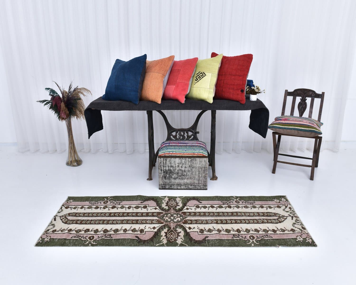 Chodnik 198x68 cm, zielony, różowy, wełna, lata 70. - 218177