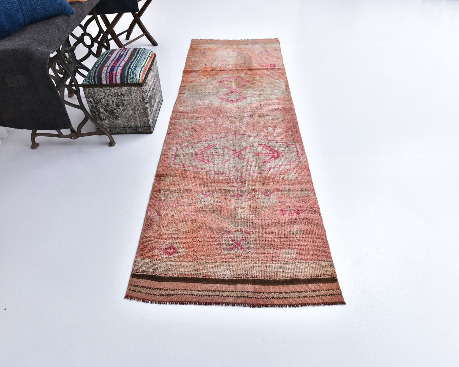 Chodnik 289x85 cm, czerwony, beżowy, wełna, lata 70. - 218127