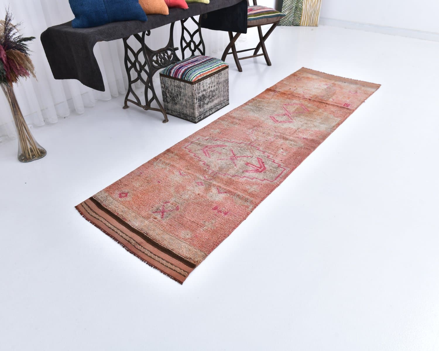 Chodnik 289x85 cm, czerwony, beżowy, wełna, lata 70. - 218129