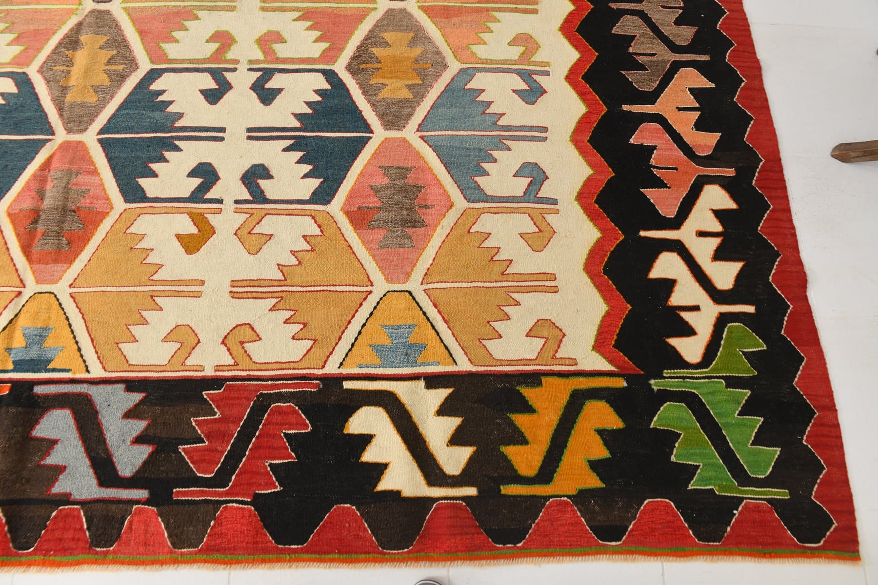 Kilim 420x340 cm, beżowy, brązowy, wełna, Turcja, lata 70. - 217849