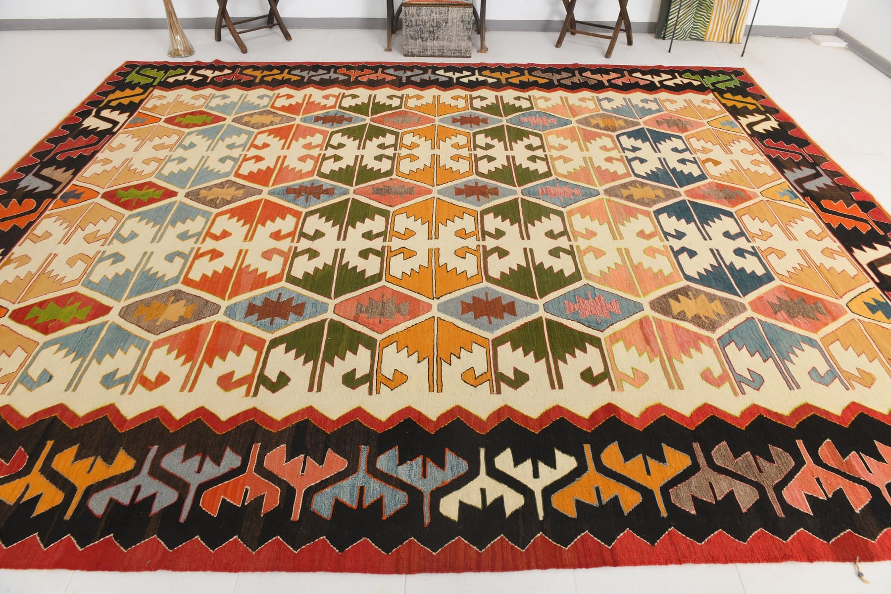 Kilim 420x340 cm, beżowy, brązowy, wełna, Turcja, lata 70. - 217843