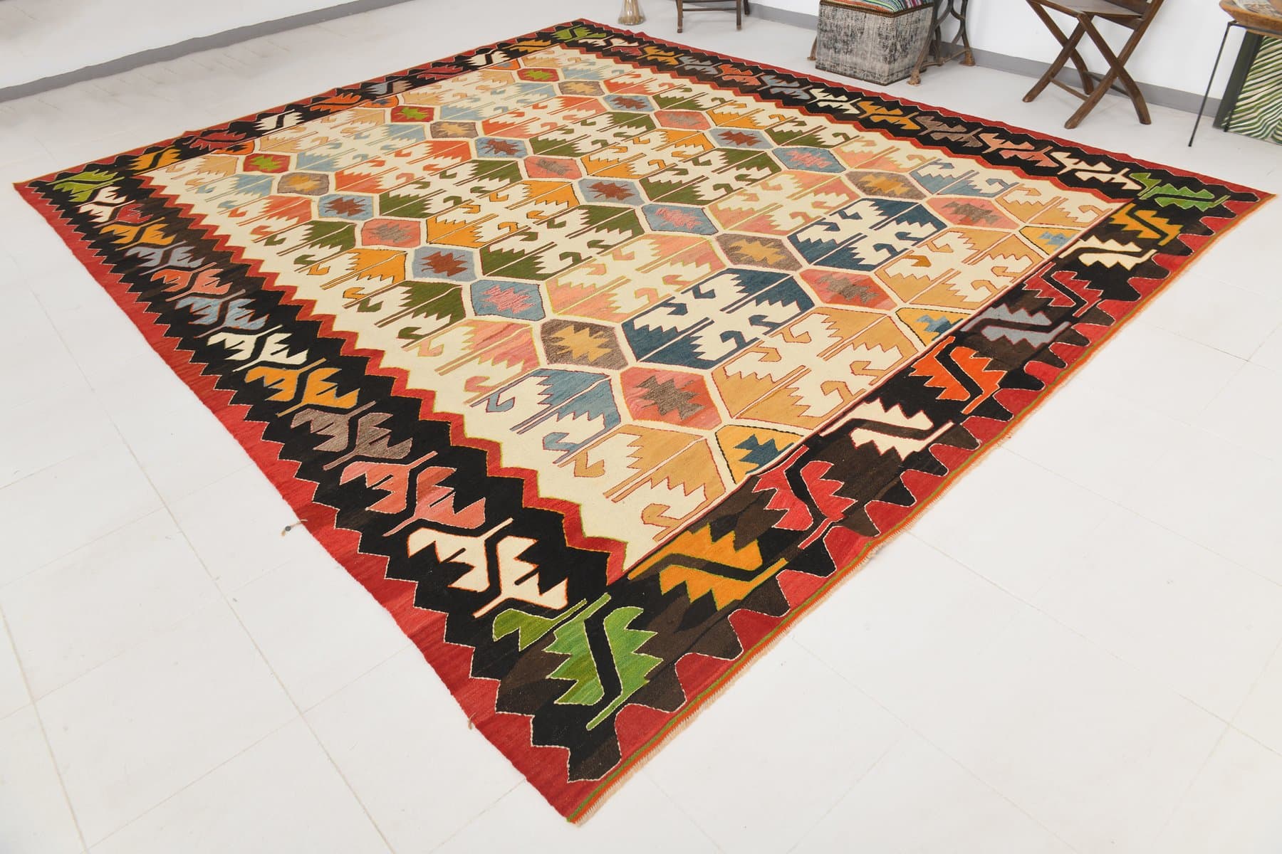 Kilim 420x340 cm, beżowy, brązowy, wełna, Turcja, lata 70. - 217842
