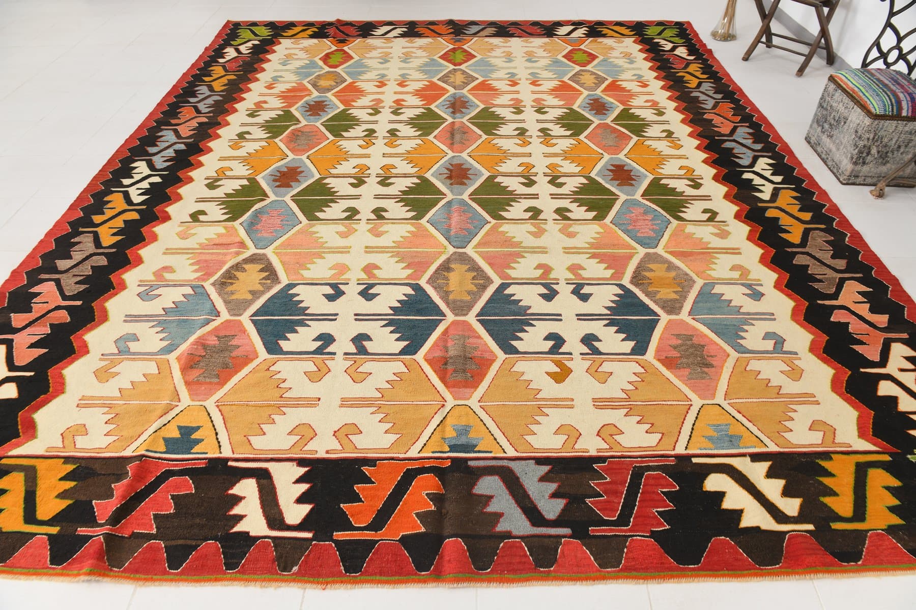 Kilim 420x340 cm, beżowy, brązowy, wełna, Turcja, lata 70. - 217839