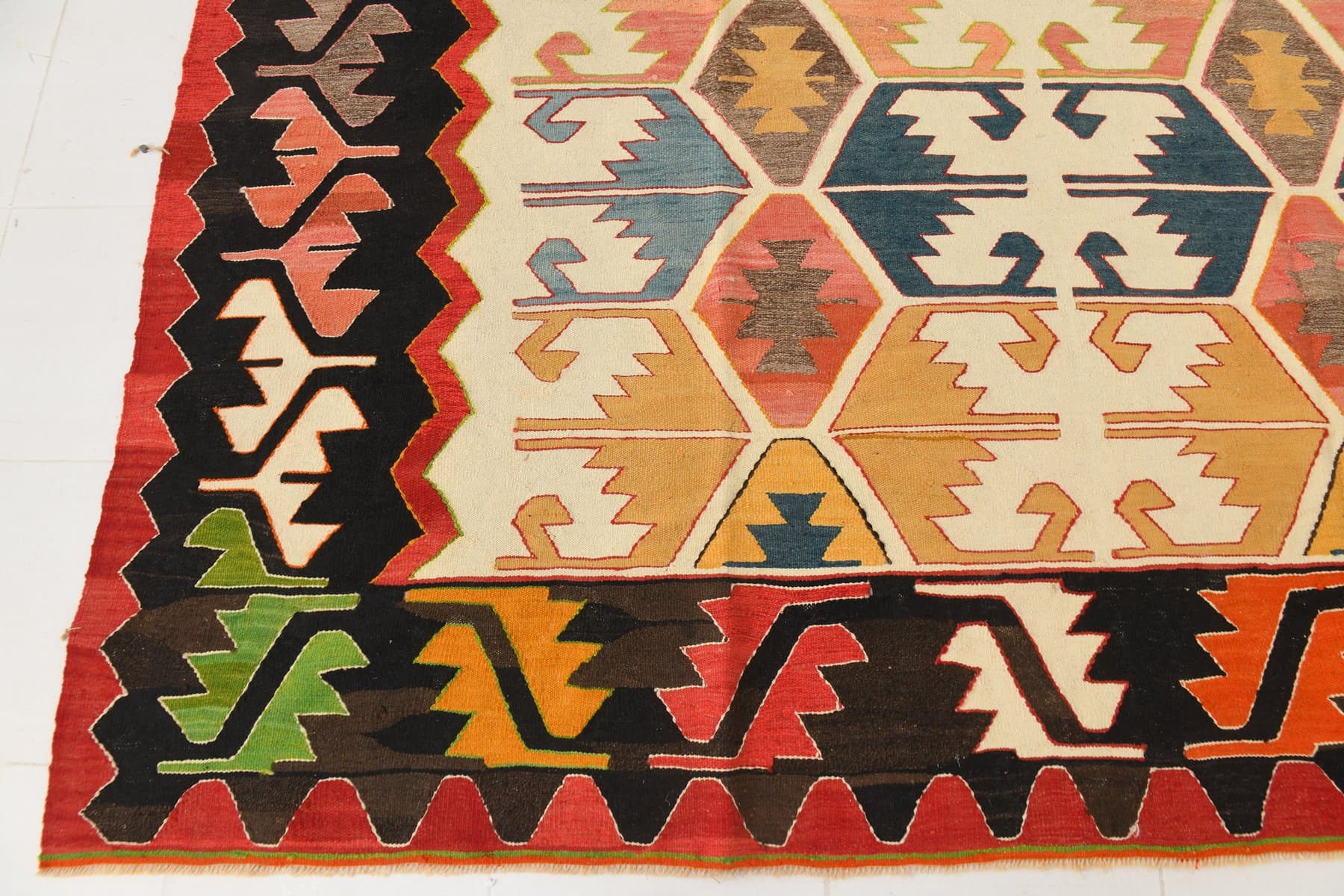 Kilim 420x340 cm, beżowy, brązowy, wełna, Turcja, lata 70. - 217848